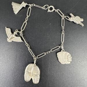 Vintage Native American Themed Silver Tone Metal Charm Bracelet Tepee Moccasins